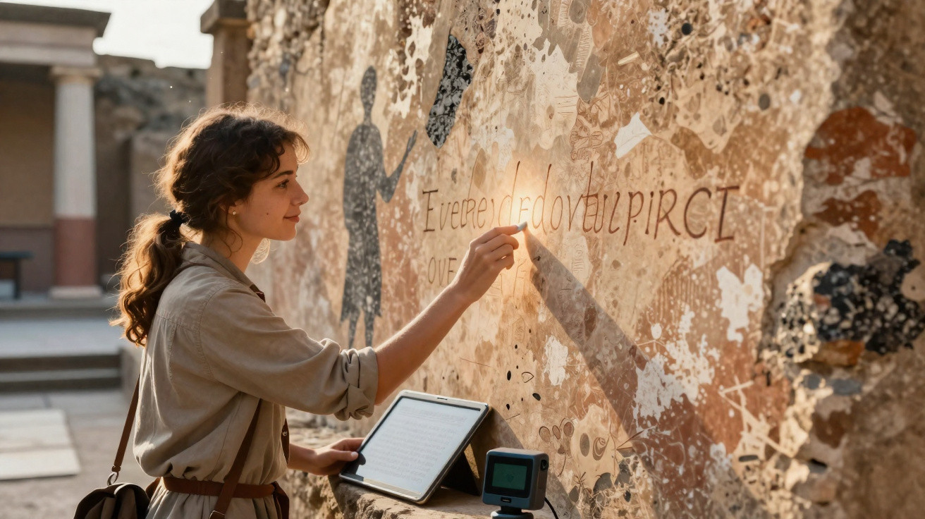 Mulher observando e tocando antiga inscrição em muro histórico com tablet em suporte ao lado.