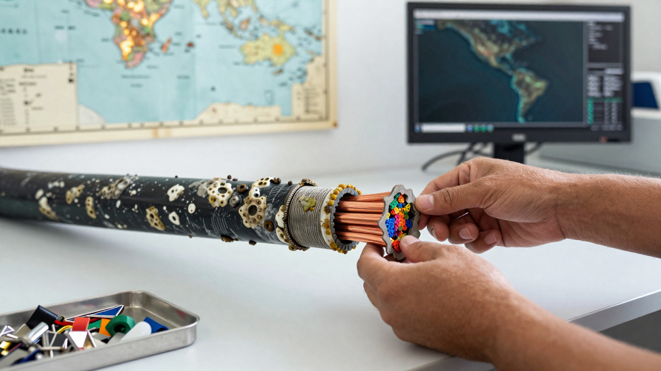 Mãos seguram corte transversal de cabo submarino com fios coloridos em mesa, mapa e monitor ao fundo.