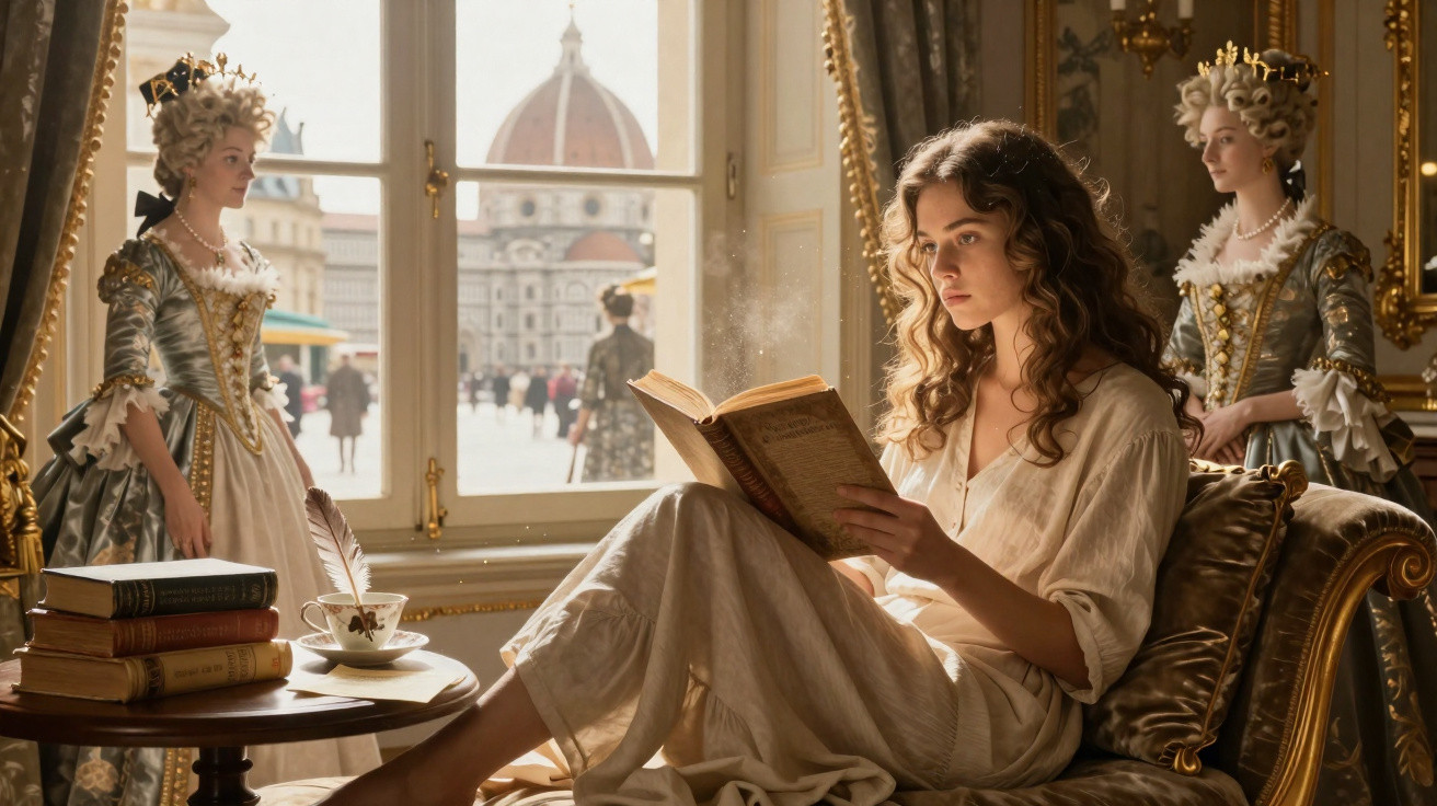 Jovem mulher lendo livro em sala luxuosa, com duas damas vestidas em trajes históricos ao fundo.