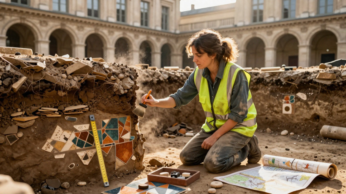 Arqueóloga analisando mosaico em sítio arqueológico ao ar livre, com mapas e ferramentas ao redor.