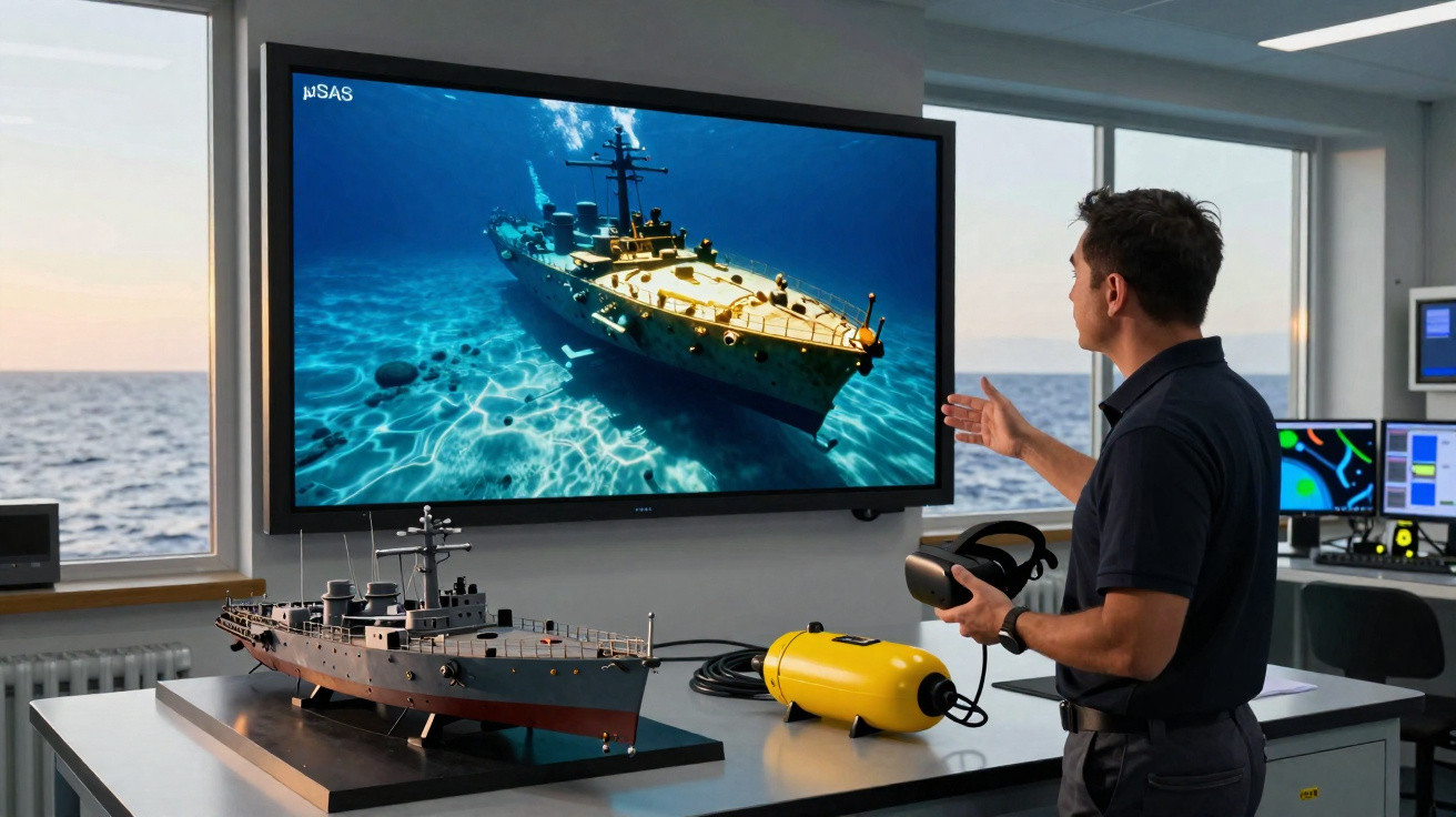 Homem operando controle remoto e observando emilagem de navio de guerra submerso na tela.