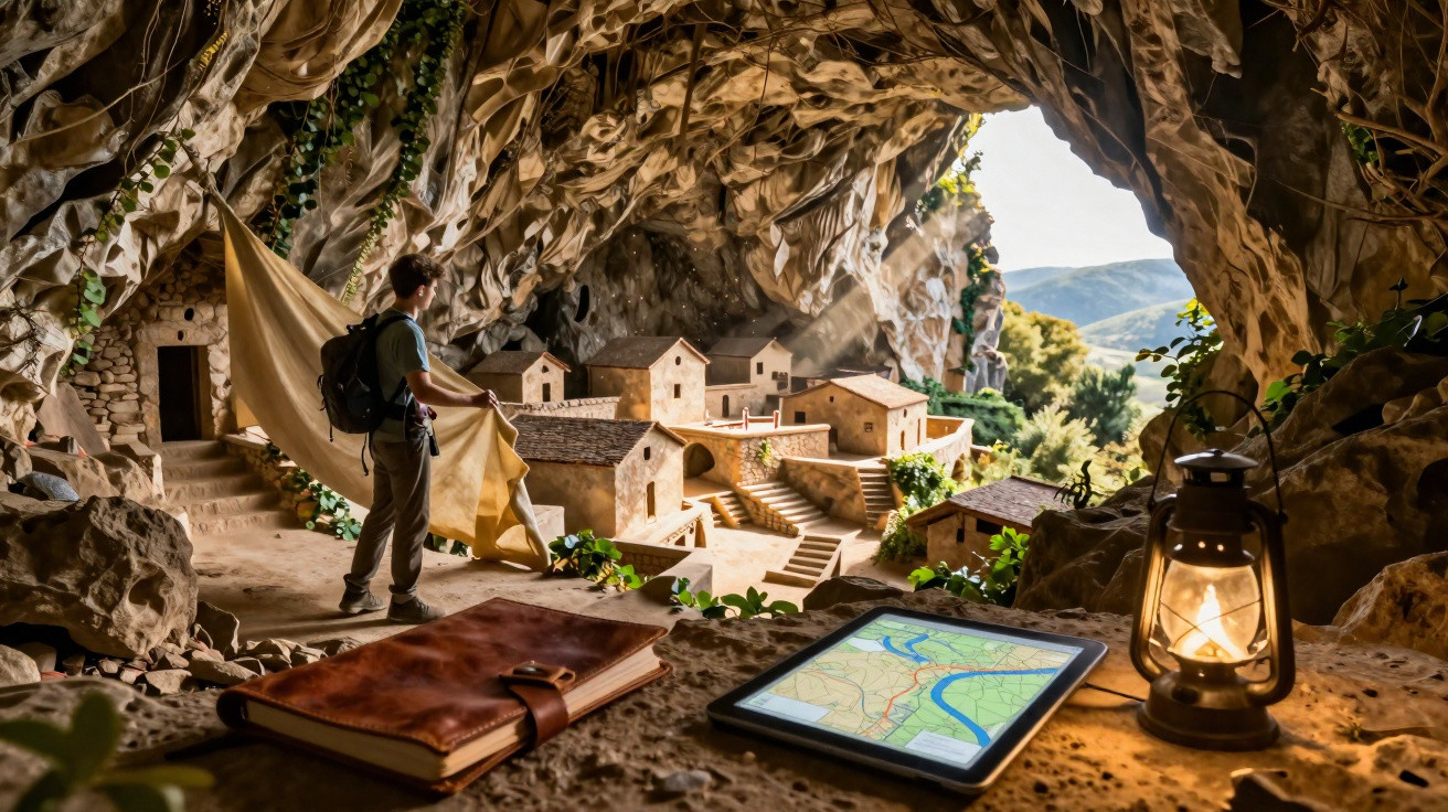 Pessoa explorando vila em miniatura dentro de caverna com lanterna, mapa digital e caderno à frente.