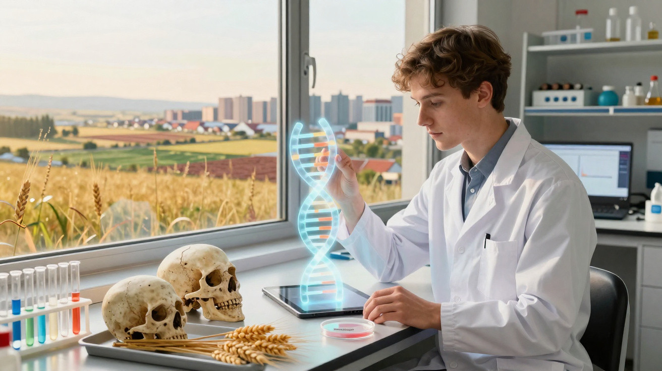 Cientista jovem em laboratório analisando hélice de DNA holográfica com crânios e trigo na mesa.