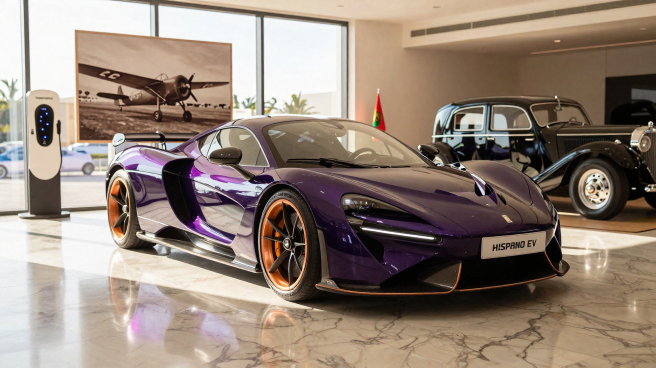 Carro esportivo elétrico roxo com rodas laranja em showroom com carro clássico preto ao fundo.