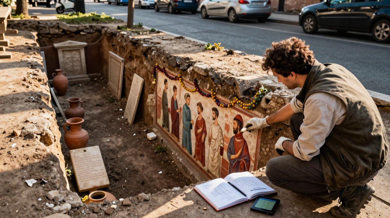 Arqueólogo examina mosaico antigo em escavação arqueológica ao lado de um livro aberto e um tablet.