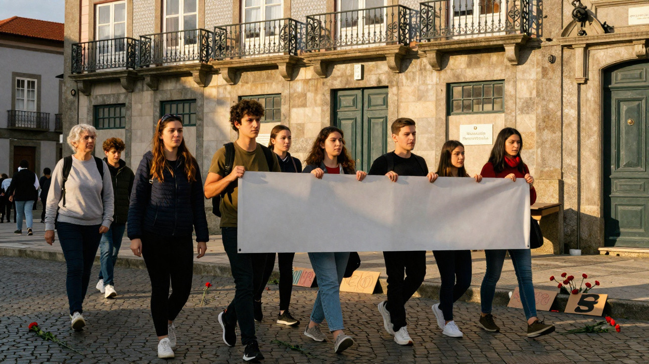 Grupo de jovens caminhando em protesto segurando faixa em praça com flores no chão em frente a prédio antigo.