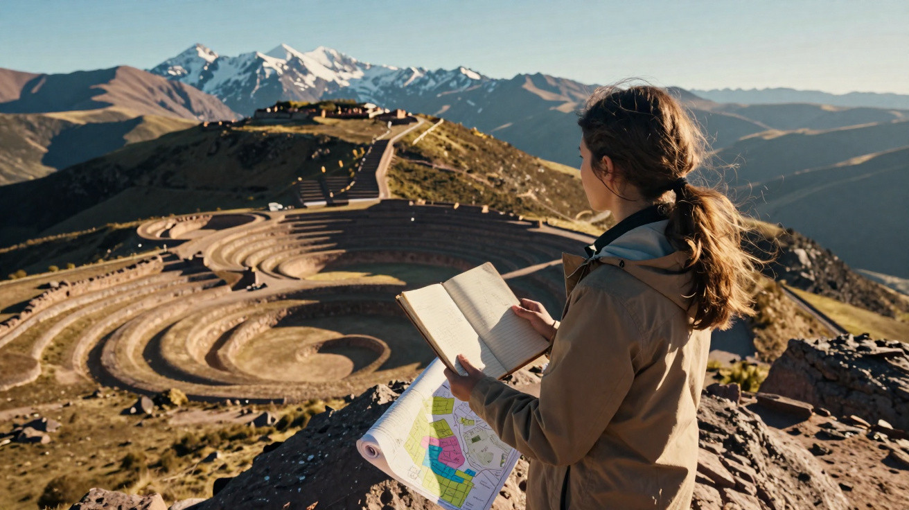 Pessoa com mapa e caderno observa o sítio arqueológico de Moray com montanhas ao fundo em dia ensolarado.