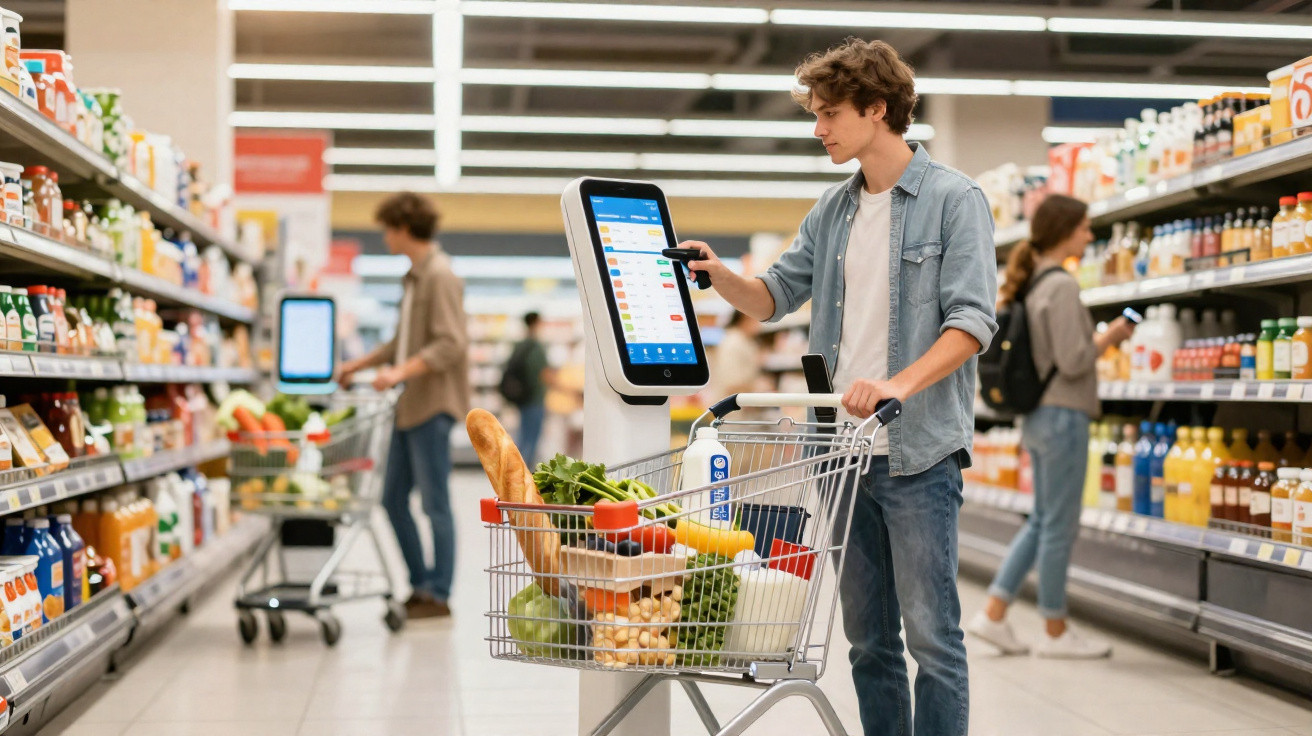 Jovem usa totens de autoatendimento enquanto faz compras em supermercado com carrinho cheio de alimentos.