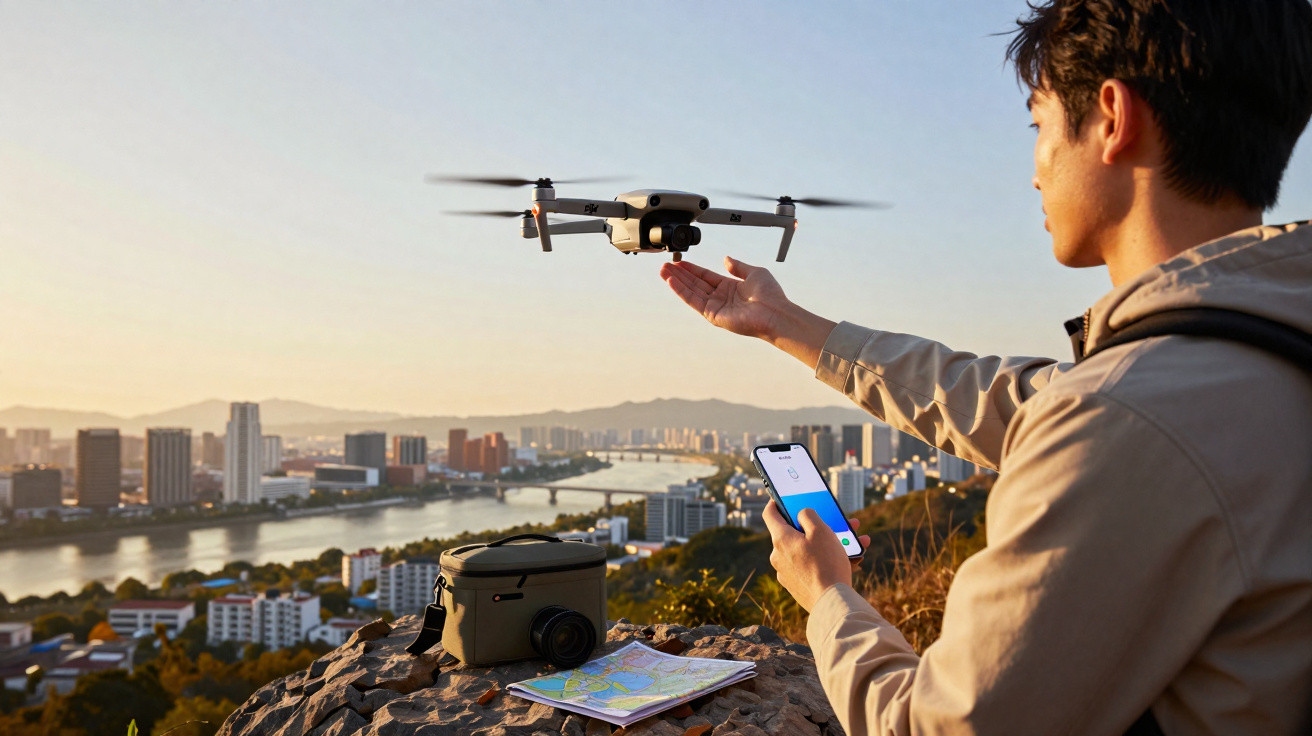 Homem operando drone com smartphone sobre colina, com cidade e rio ao fundo ao pôr do sol.