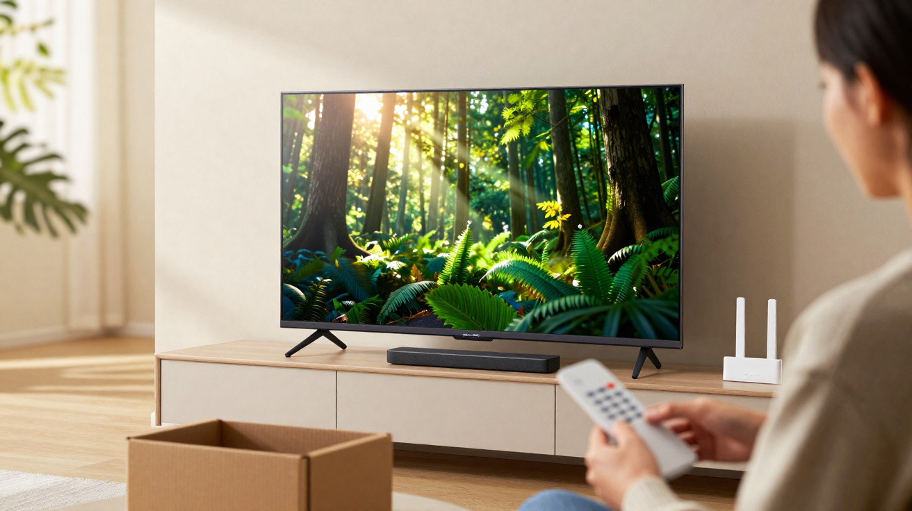 Pessoa segurando controle remoto assistindo TV com imagem de floresta ensolarada em sala iluminada.