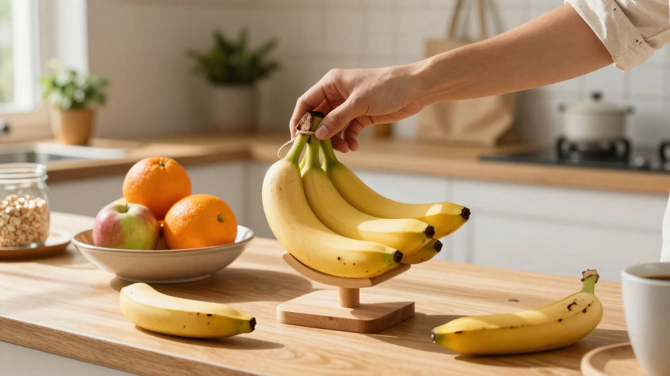 Pessoa pegando cacho de bananas em suporte de madeira sobre mesa com frutas e utensílios na cozinha.