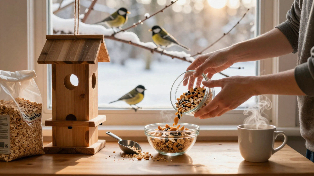 Pessoa despejando sementes em um pote na janela, com comedouro de pássaros e pássaros puxando neve do lado de fora.