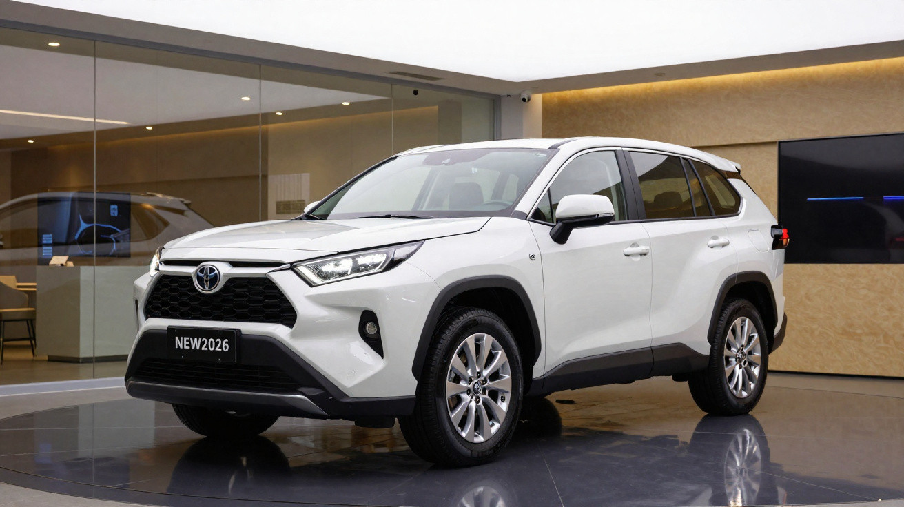 SUV branco Toyota RAV4 2026 exibido em showroom moderno com piso espelhado e paredes de vidro.