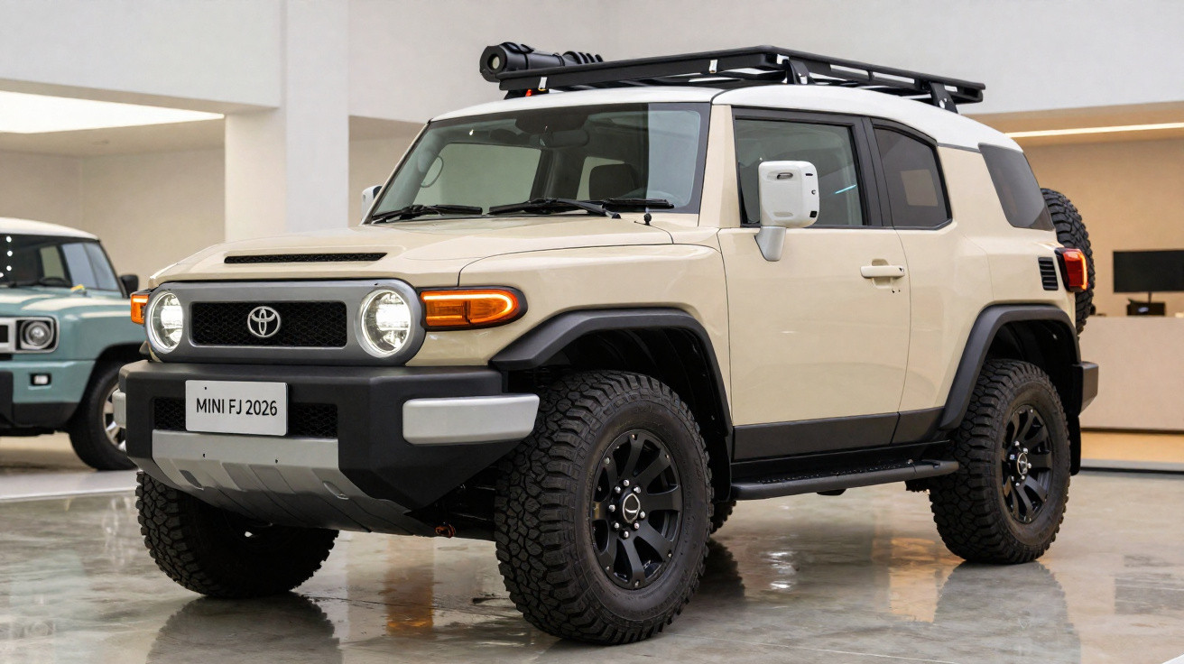 SUV Toyota Mini FJ 2026 bege estacionado em ambiente interno com rodas pretas e rack no teto.