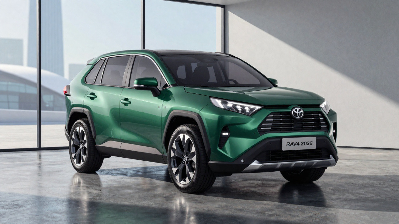 SUV Toyota RAV4 2026 verde em ambiente interno com grandes janelas e piso refletivo.