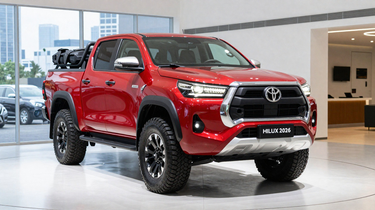 Picape Toyota Hilux 2026 vermelha em exposição interna em showroom moderno.