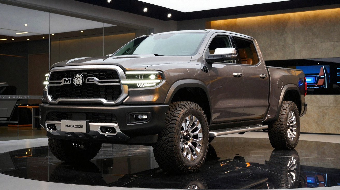 Picape cinza metálica Mack 2026 exposta em showroom moderno com pneus grandes e iluminação ambiental.