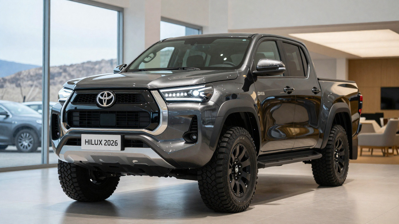 Picape Toyota Hilux 2026 cinza metálico em showroom iluminado, vista frontal direita.
