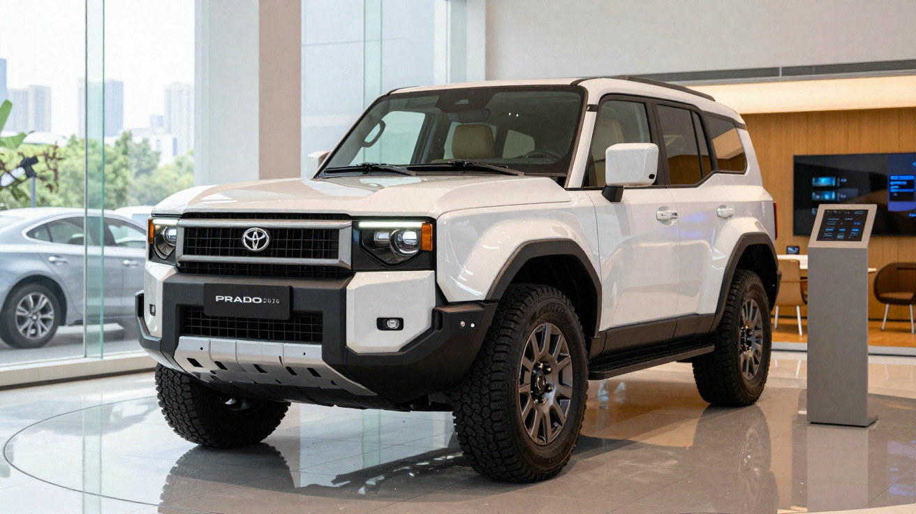 SUV branco Toyota Prado 2024 em exibição dentro de concessionária moderna com piso brilhante.