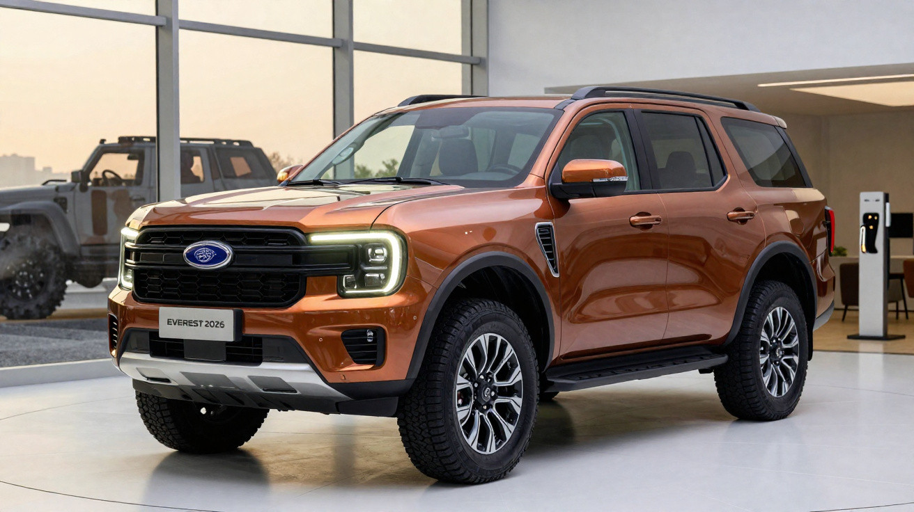 SUV Ford Everest 2026 na cor laranja exibida em showroom moderno com iluminação natural.