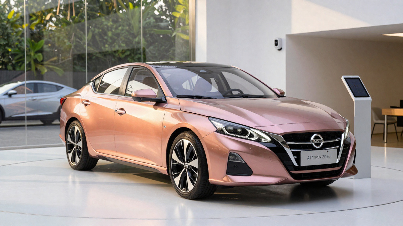 Carro sedan Nissan Altima 2026 cor rosa metálico exibido em ambiente interno moderno.