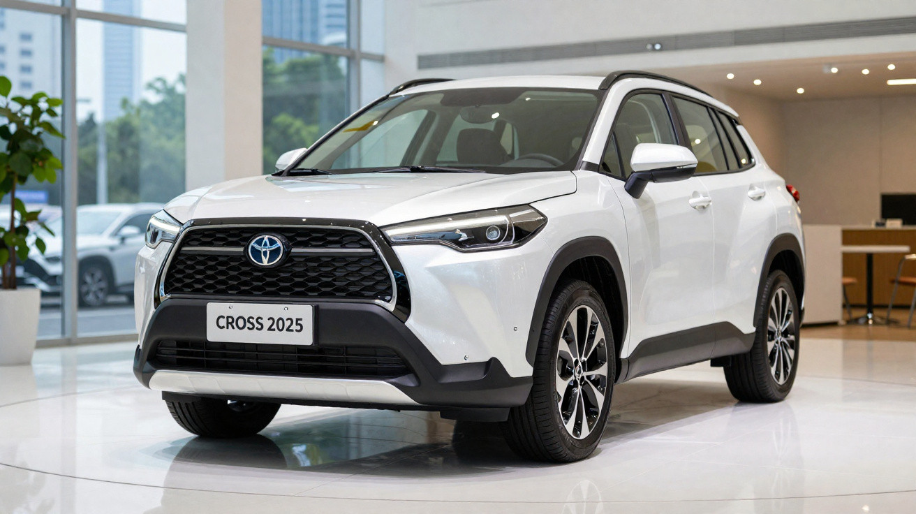 SUV Toyota Corolla Cross 2025 branco em exposição em showroom moderno e iluminado.