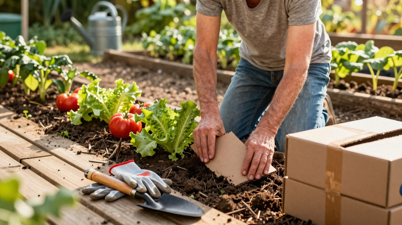Pessoa jardina em canteiro, usando papelão para cobrir terra perto de plantas com tomates e folhas verdes.