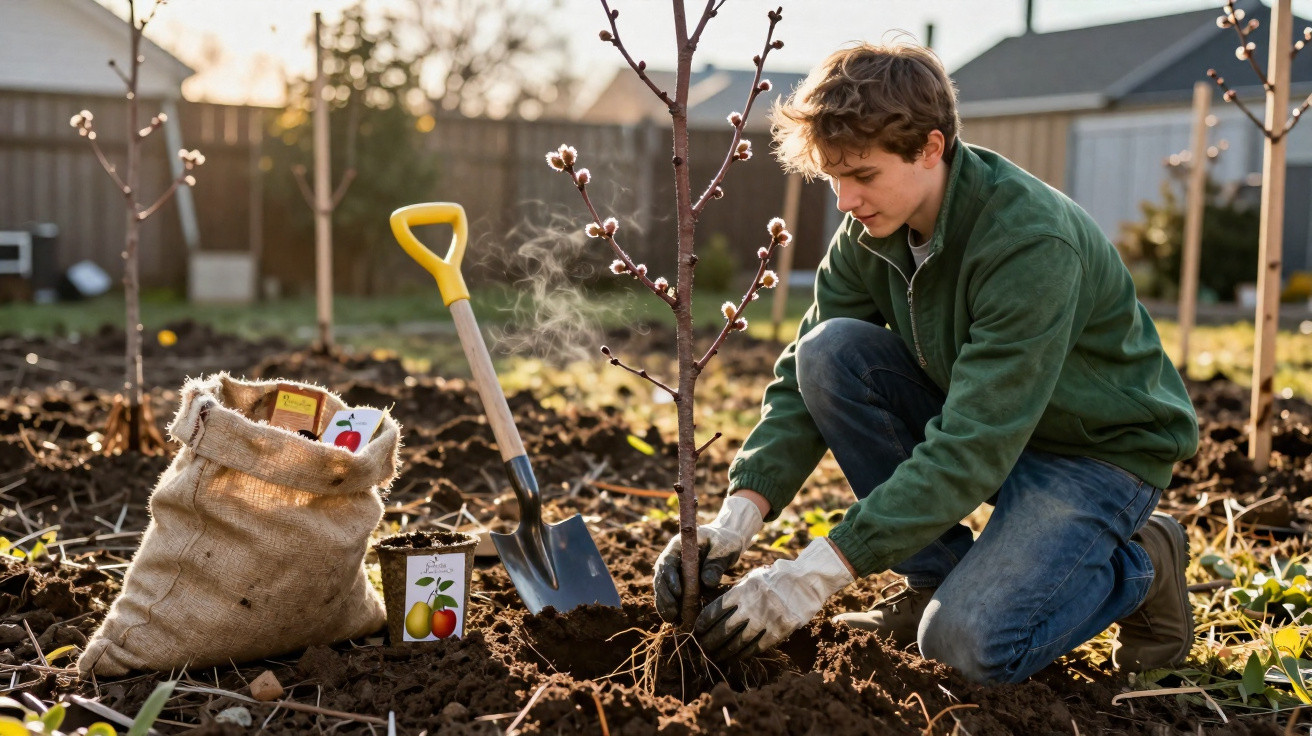Jovem plantando muda de árvore em terreno preparado, com pá e saco de terra ao lado em jardim.