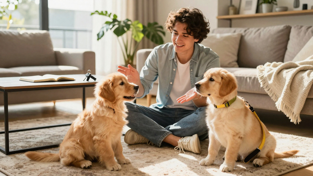 Jovem sentado no tapete brincando com dois filhotes de golden retriever em sala iluminada.