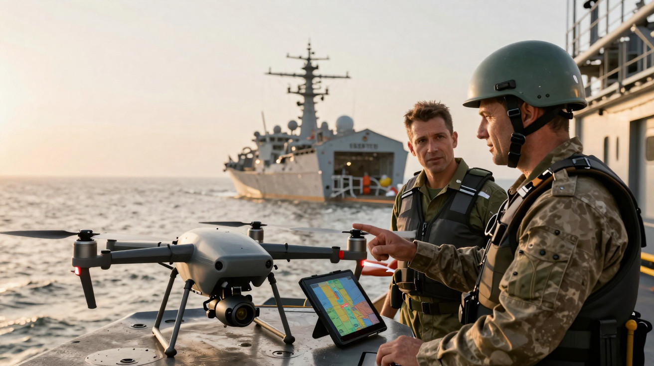 Dois militares operam um drone com tablet a bordo de um navio no mar, com outro navio ao fundo ao pôr do sol.