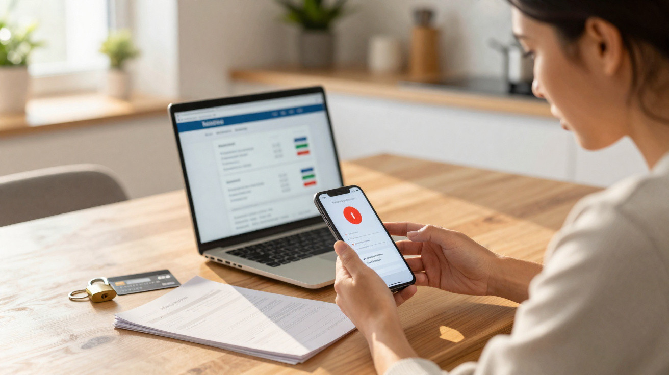 Mulher usando celular e laptop para verificar notificações financeiras em mesa com papéis e cartões.