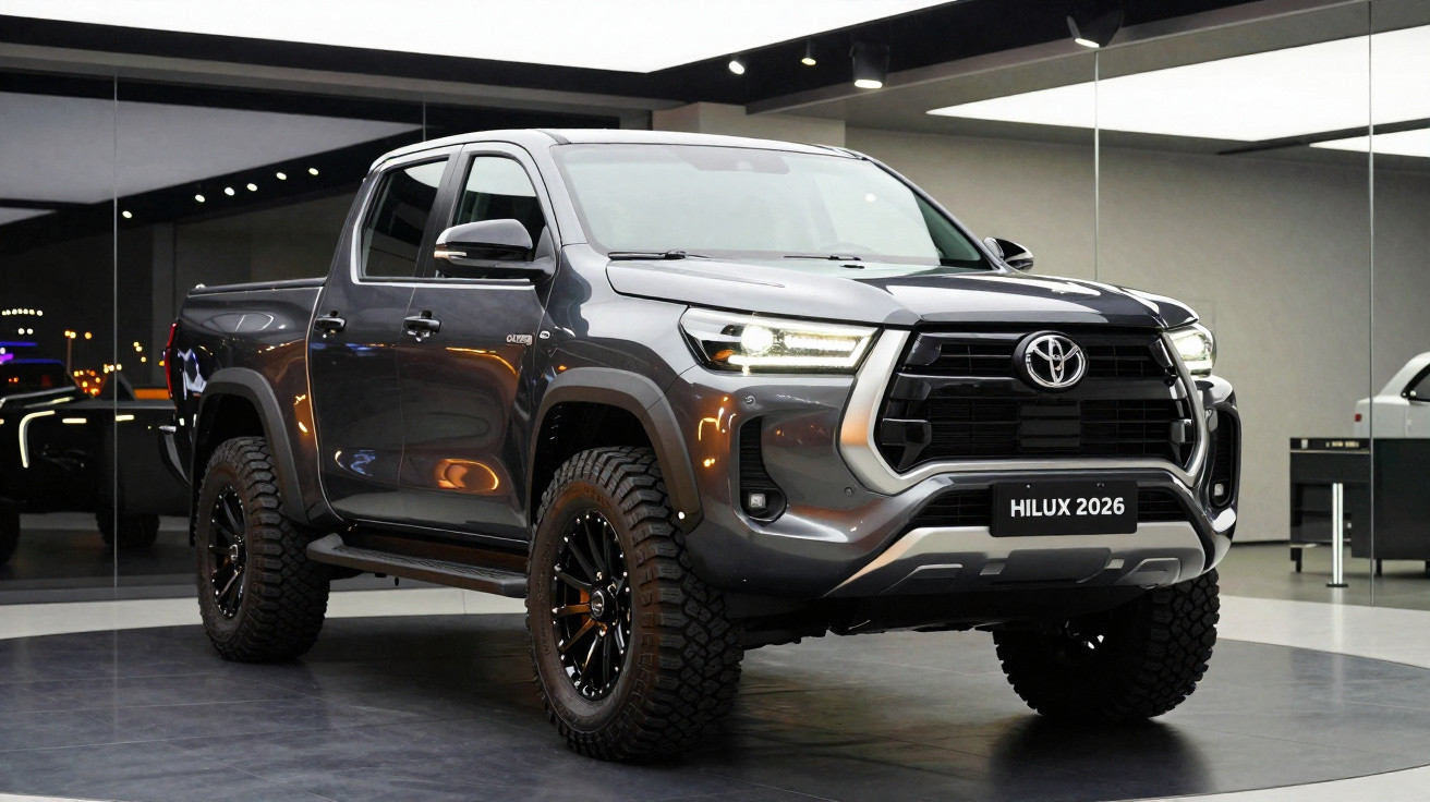 Picape Toyota Hilux 2026 cinza com faróis acesos em exibição interna moderna.
