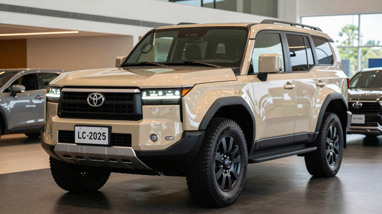 SUV Toyota Land Cruiser 2025 cor bege exposto em concessionária moderna e iluminada.
