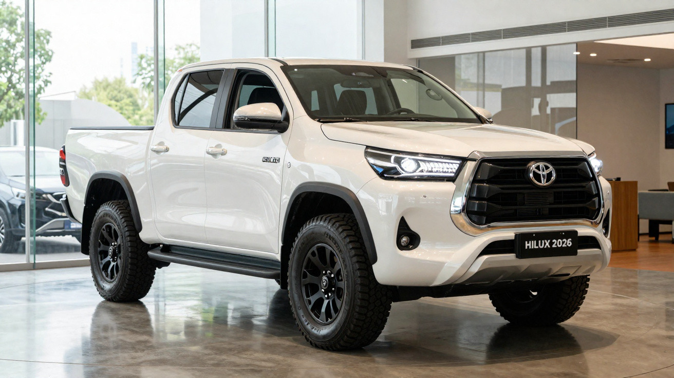 Picape branca Toyota Hilux 2026 exibida em showroom moderno com piso espelhado.