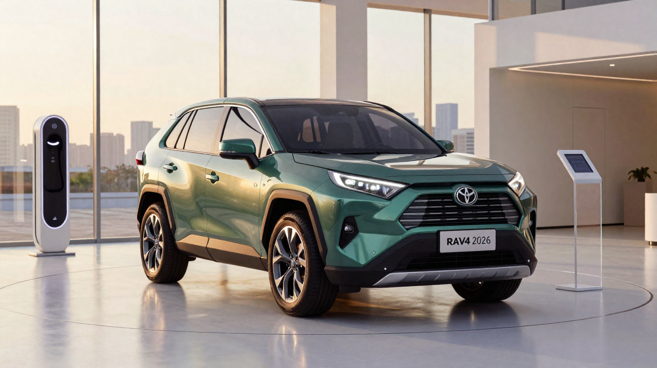 SUV Toyota RAV4 2026 verde exposto em showroom moderno com carregador elétrico ao fundo.