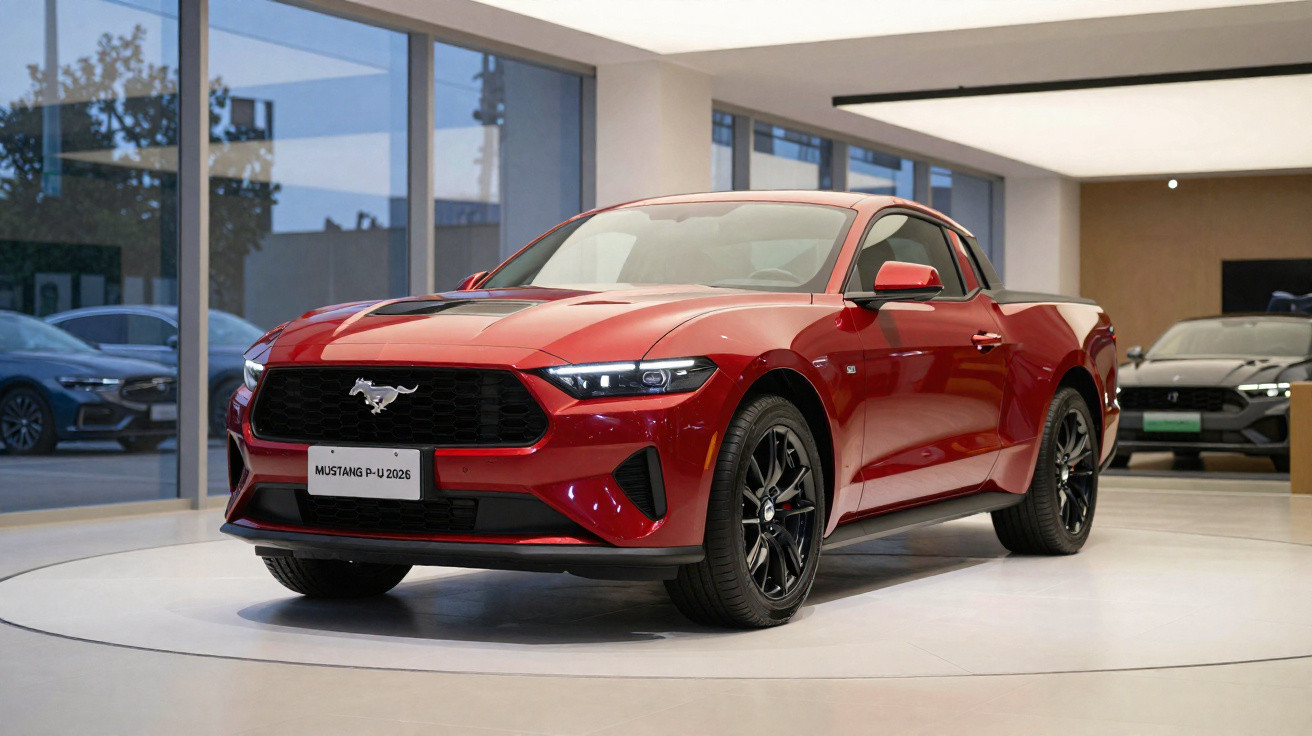 Picape esportiva Ford Mustang vermelha em exposição em showroom moderno e iluminado.
