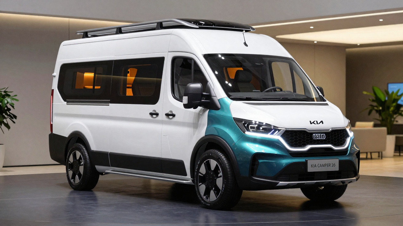 Van camper Kia branca e verde em ambiente interno com teto solar e rodas pretas modernas.