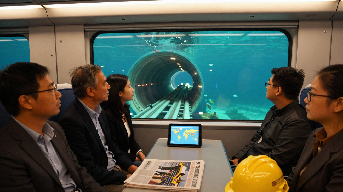 Cinco pessoas observam túnel submarino através da janela de um trem em movimento.