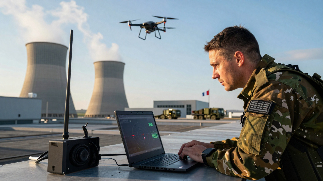 Militar operando drone com laptop em área industrial próxima a uma usina nuclear com torres de resfriamento.
