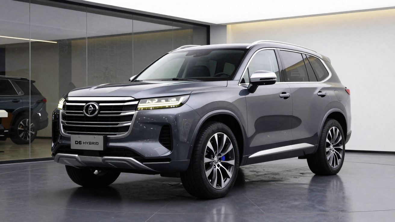 SUV cinza metálico D6 Hybrid estacionado em ambiente interno com piso cinza e parede branca.