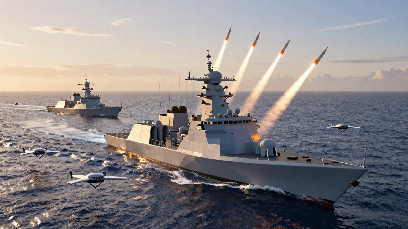 Dois navios de guerra lançando mísseis ao mar acompanhados por drones voadores durante o pôr do sol.