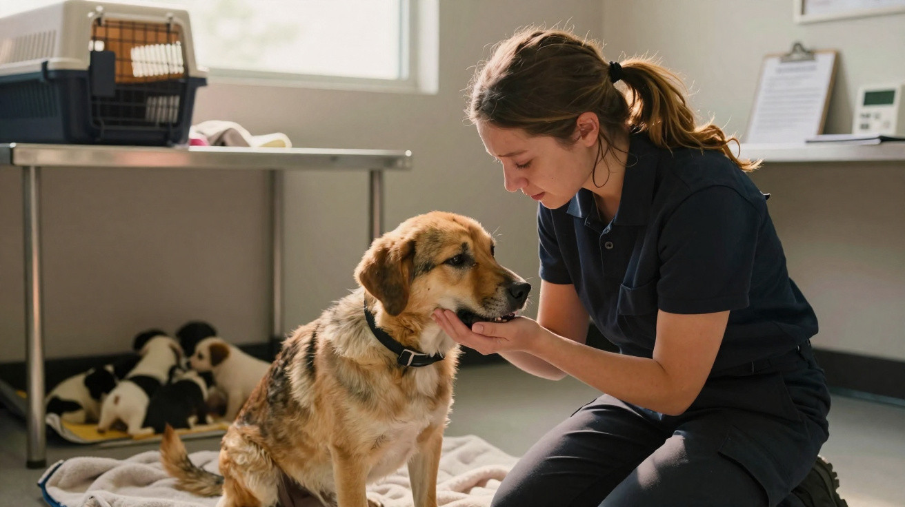 Mulher veterinária examinando cachorro em clínica, com filhotes e caixa de transporte ao fundo.