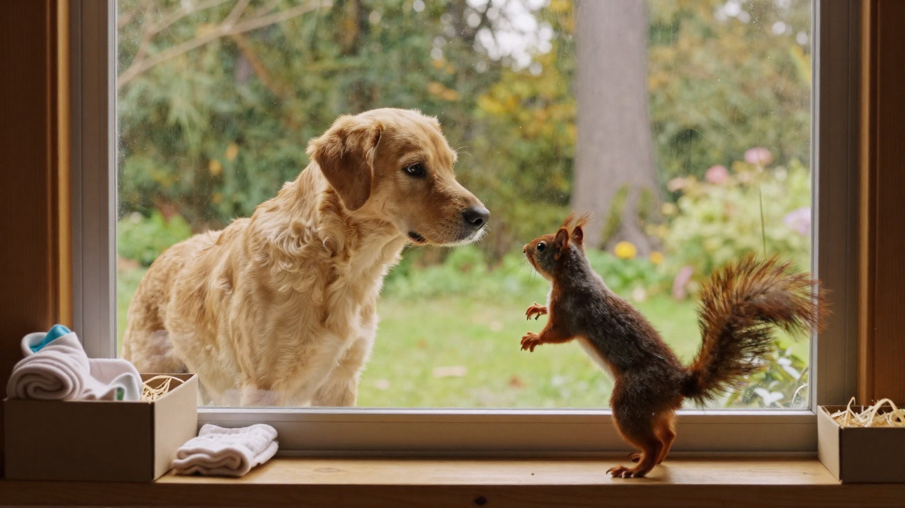 Cachorro e esquilo se observando através da janela em ambiente externo com vegetação ao fundo.