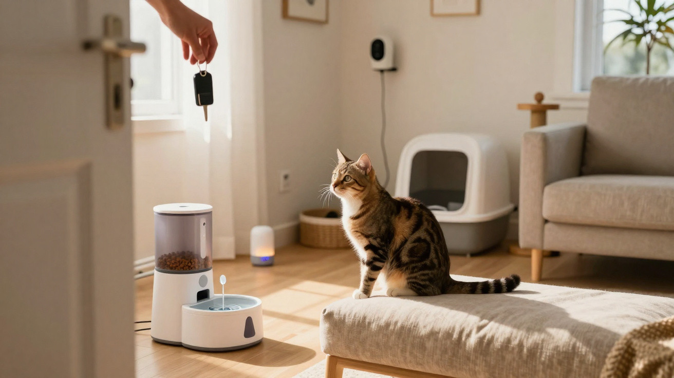 Gato sentado em sofá observa mão segurando controle remoto perto de fonte automática de água em sala iluminada.