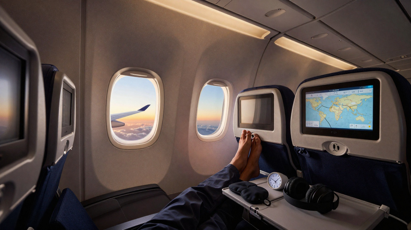 Interior de avião com pessoa relaxando, tela de entretenimento e vista da asa pela janela ao pôr do sol.