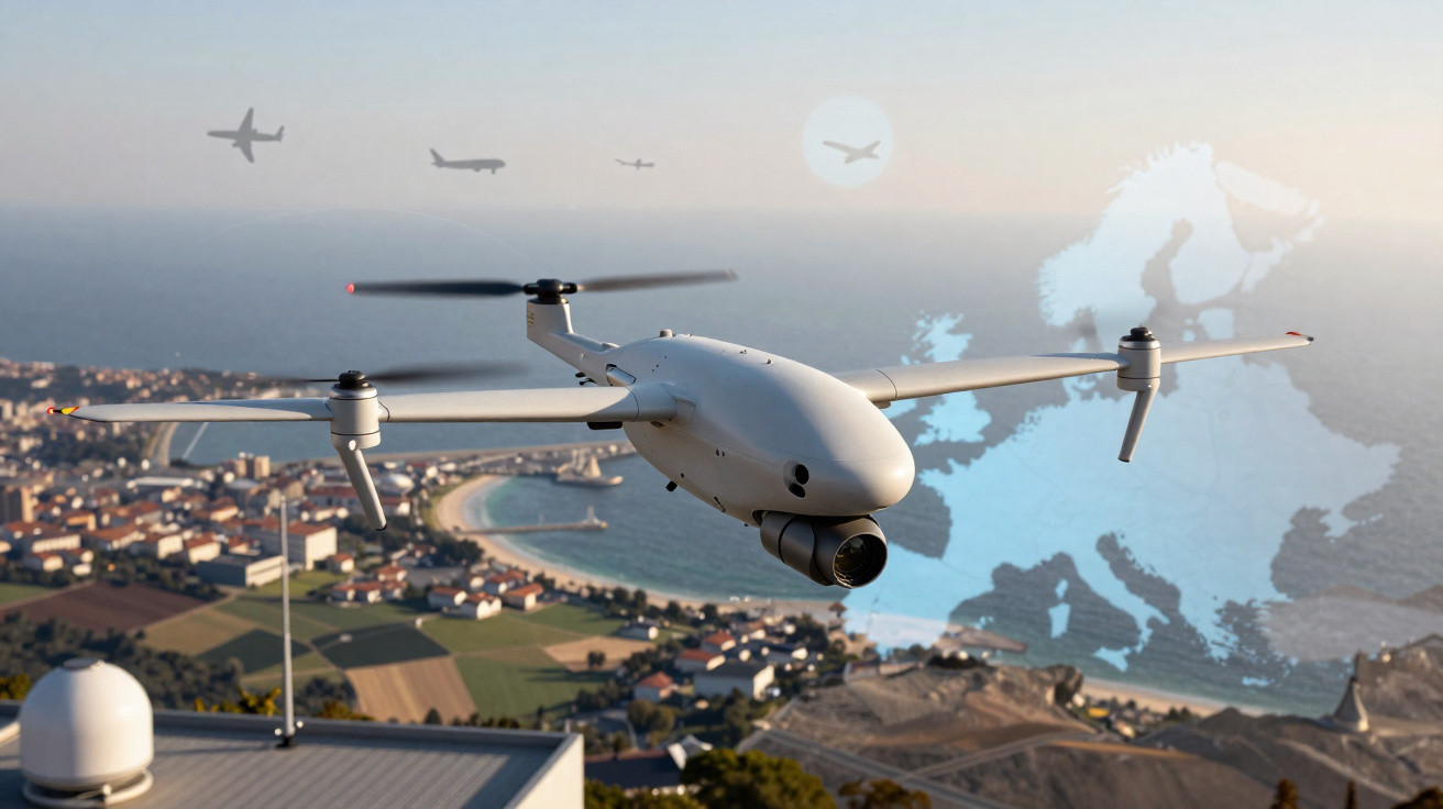 Drone com câmera voando sobre cidade costeira, com mapa da Europa e aviões ao fundo.