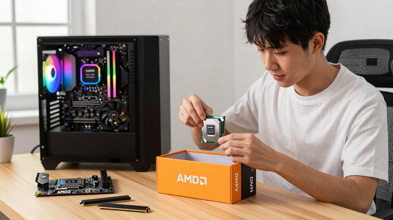 Pessoa desempacotando um processador AMD para montar um computador na mesa.