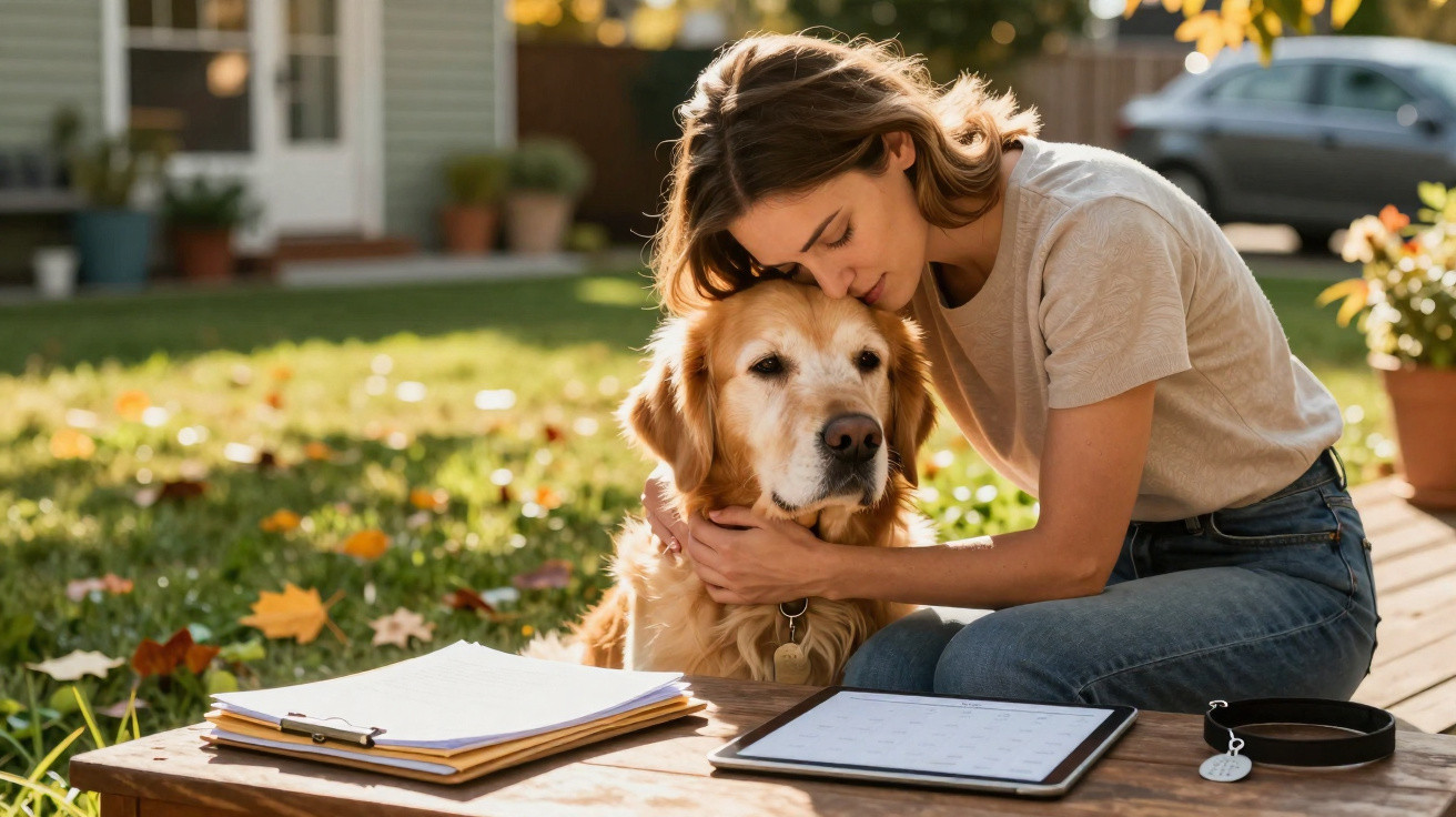 Mulher abraçando cachorro golden retriever em jardim, com mesa contendo tablet e papéis ao lado.
