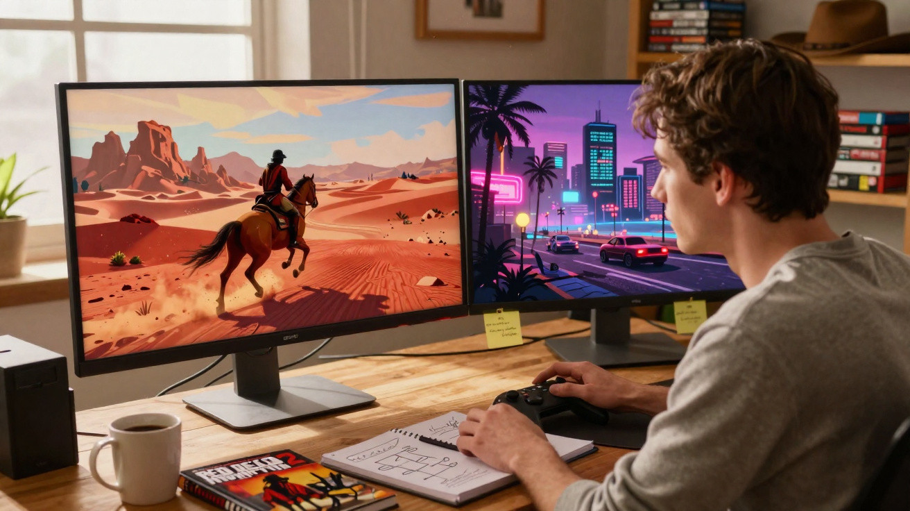 Jovem jogando videogame em mesa com dois monitores, tom de deserto e cidade neon, café e caderno.