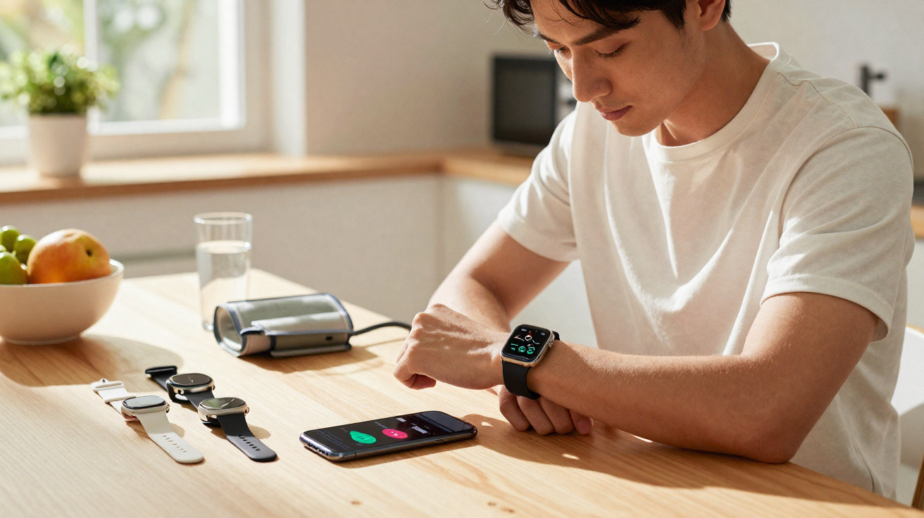 Homem sentado à mesa usando relógio inteligente, com vários smartwatches e smartphone à sua frente.